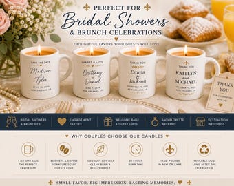Personalized Beignets & Coffee Scented Candle — New Orleans Themed Bridal Shower, Baby Shower, Wedding Favors, Thank You Gift, Reusable Mug