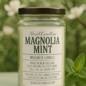 MAGNOLIA MINT Scented Candle — Magnolia & Tea Tree Scent, Louisiana State Flower, Handmade in New Orleans-Themed Home Decor, NOLA Inspried