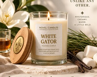 White Gator Candle | New Orleans Candle, Vanilla, Cashmere, Marshmallow Cream, Rum & Vetiver Scent | Louisiana Gift | Recycled Glass Candle