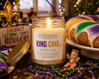 King Cake Candle – Mardi Gras Dessert Scent, Vanilla Cinnamon Sugar, New Orleans Gift, Purple Gold Green Candle with Baby Inside