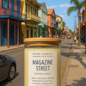 Magazine Street Scented Candle: Patchouli, Wisteria, Satsuma, Vegan CocoSoy Wax