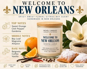 Welcome to New Orleans Scented Candle: Spicy Sweet Floral Citrus Bay Scent, Handmade in NOLA, Wedding Favor, Orleans Gift Idea