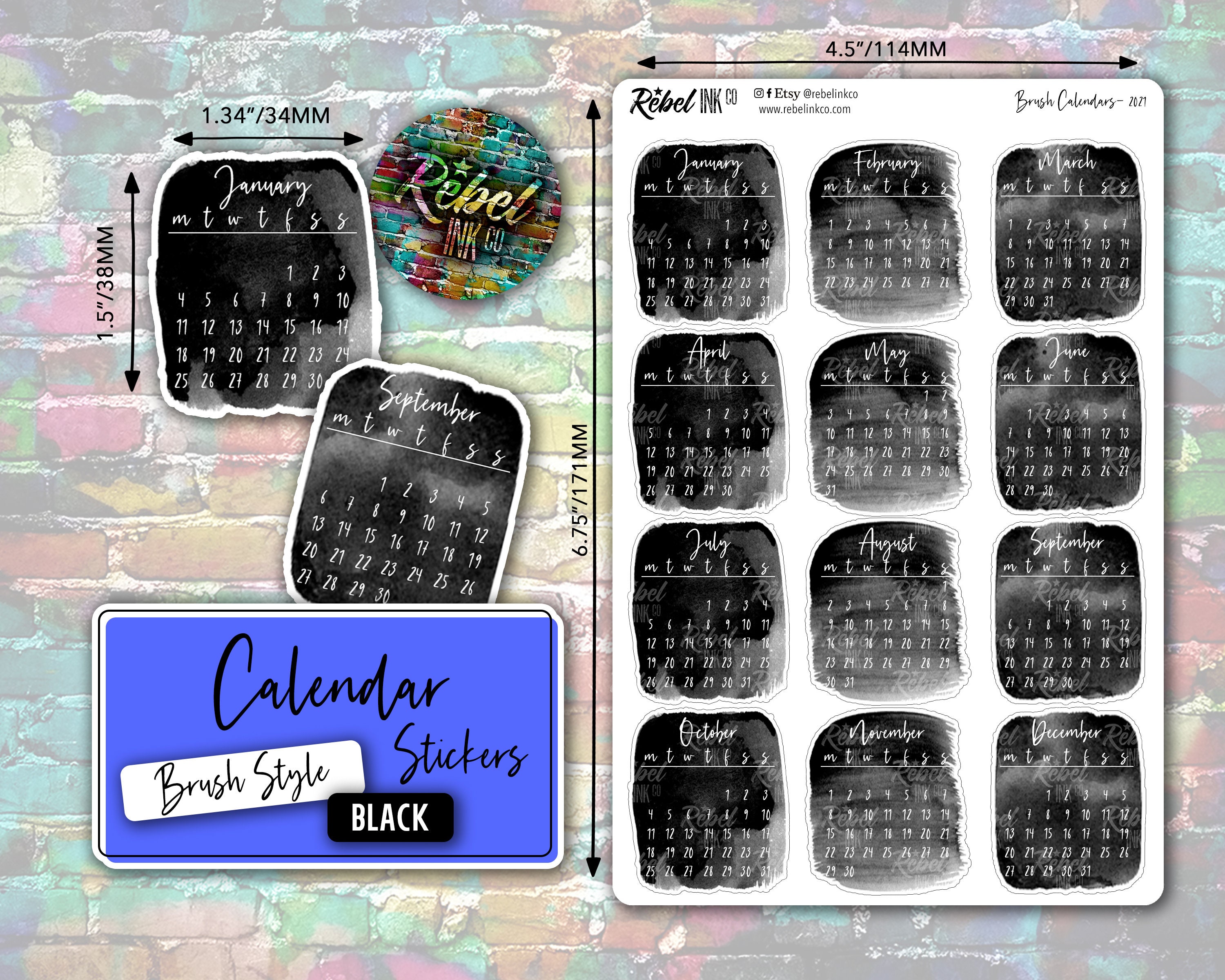 Calendar Stickers Black Brush Style Writeable Planner and Etsy