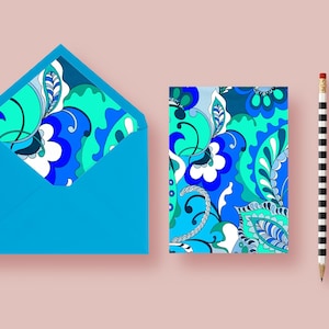 Pucci inspirierte lebendige blaue Grußkarte Retro Boho Briefpapier mit Umschlag für Geburtstage, Dankesnotizen, besondere Anlässe