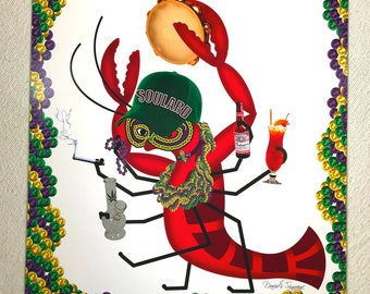 Soulard Mardi Gras, Mardi Gras Print, Party Poster, Picture, Sign, Wall Hanging, Original Art, Let's Get Cray, Crawfish Character