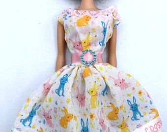 OOAK Handmade Dress fits Barbie 12" Vintage Silkstone Doll Belted Dress Easter Purple Easter Bunny Blue Yellow