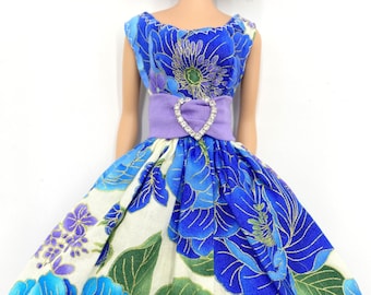 OOAK Handmade Dress fits Barbie 12" Vintage Silkstone Doll Belted Dress Blue Floral Flowers