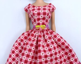 OOAK Handmade Dress fits Barbie 12" Vintage Silkstone Doll Belted Dress Plaid Valentines Day Hearts