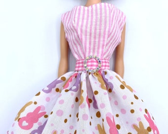 OOAK Handmade Dress fits Barbie 12" Vintage Silkstone Doll Belted Dress Easter Pink White Bunny Plaid