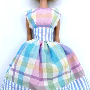 OOAK Handmade Dress fits Barbie 12&quot; Vintage Silkstone Doll Belted Pastel Pink Blue Plaid Easter