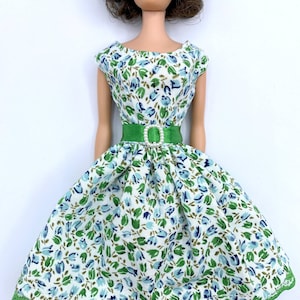 OOAK Handmade Dress fits Barbie 12&quot; Vintage Silkstone Doll Belted Dress Easter Floral Green Blue