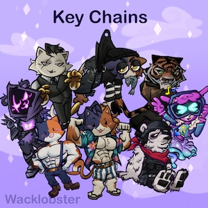 May include: A selection of cartoon cat keyrings, each with a unique design and outfit. The keyrings depict cats in diverse styles, such as suits, biker attire, and casual clothing. The words "Key Chains" are at the top, and "Wacklobster" is at the bottom.