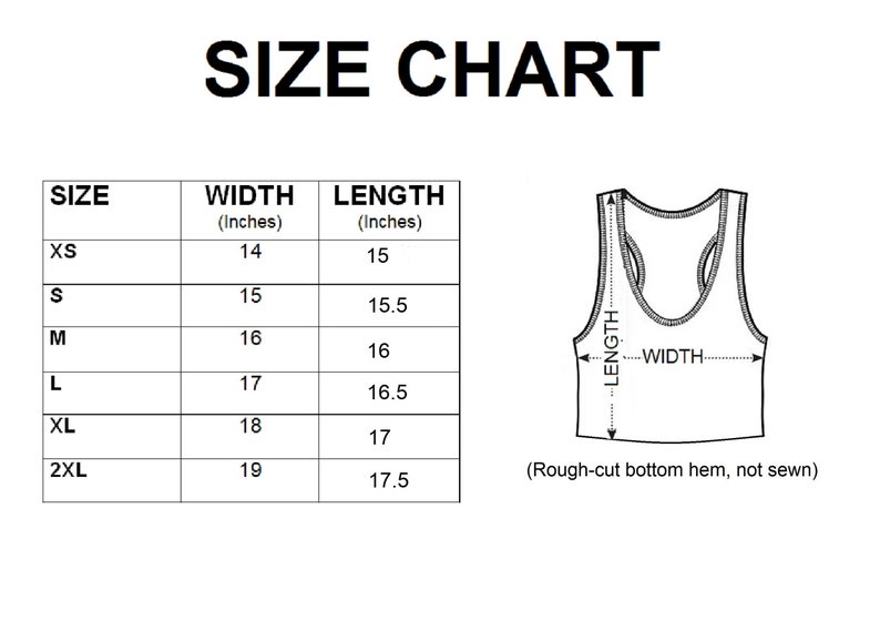 May include: Size chart for a tank top with measurements in inches. The chart shows the width and length of the tank top in inches for sizes XS, S, M, L, XL, and 2XL.