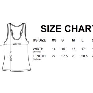 Op de afbeelding: Maattabel voor een tanktop met afmetingen in inches voor breedte en lengte. De tabel toont maten van XS tot 2XL.
