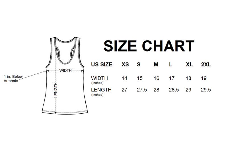 Op de afbeelding: Maattabel voor een tanktop met afmetingen in inches voor breedte en lengte. De tabel toont maten van XS tot 2XL.