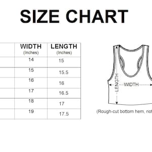 Op de afbeelding: Maattabel voor een tanktop met afmetingen in inches. De tabel toont de breedte en lengte van de tanktop in inches voor de maten XS, S, M, L, XL en 2XL.