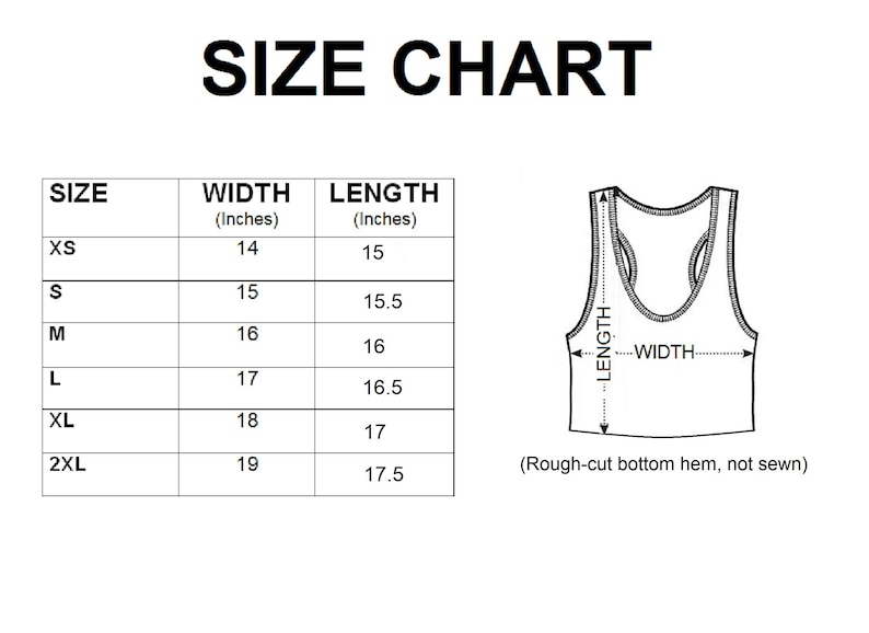 Op de afbeelding: Maattabel voor een tanktop met afmetingen in inches. De tabel toont de breedte en lengte van de tanktop in inches voor de maten XS, S, M, L, XL en 2XL.