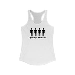 Op de afbeelding: Een wit tanktop met een zwarte afbeelding van vier stokfiguren en de tekst "Openings Available".