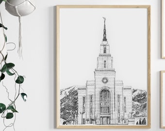 Layton Utah Temple Druck: Stipple Pen Art von Russell Barton