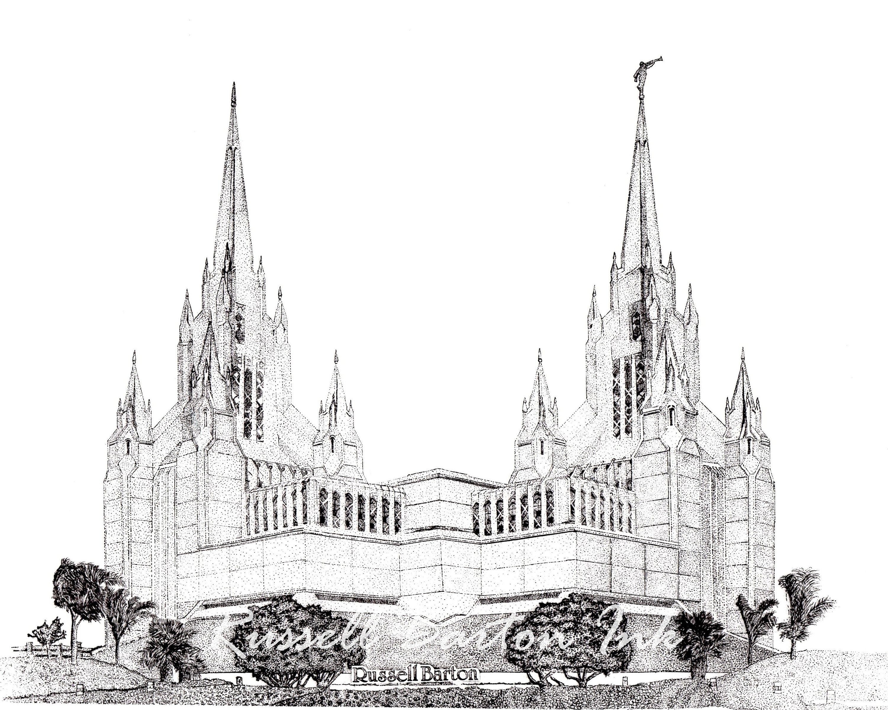 米山舞　ING ROUGH&SKETCH LINE WORK LDS San Diego Temple Stipple Drawing, Digital Download Print, LDS