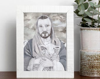 Jesus Christus Stippel Zeichnung, Christus und Lamm Kunstdruck