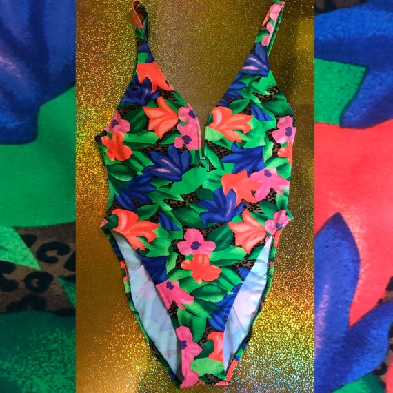 Vintage 1980’s neon floral bathing suit, body suit