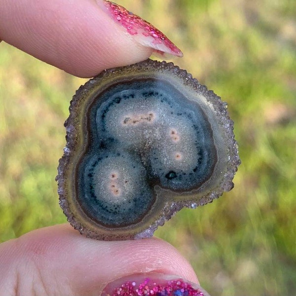 Natural Amethyst Stalactite Slice With Druzy Crystals. Polished.