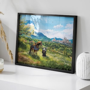 May include: A framed painting of a man kneeling in a field with a horse beside him. The background features a distant city and a mountain range. The painting is framed in black and has a white mat.