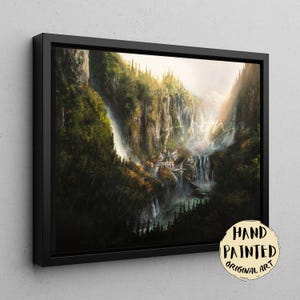 Elven Valley Fantasy Art Print – Hand-Painted Mountain Landscape