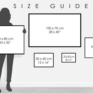 Op de afbeelding: Een maattabel met de tekst SIZE GUIDE en vijf rechthoekige kaders met de afmetingen: 60x80 cm (24x32 inch), 100x70 cm (28x40 inch), 45x60 cm (18x24 inch), 30x40 cm (12x16 inch) en 20x30 cm (8x12 inch) in centimeters en inches.