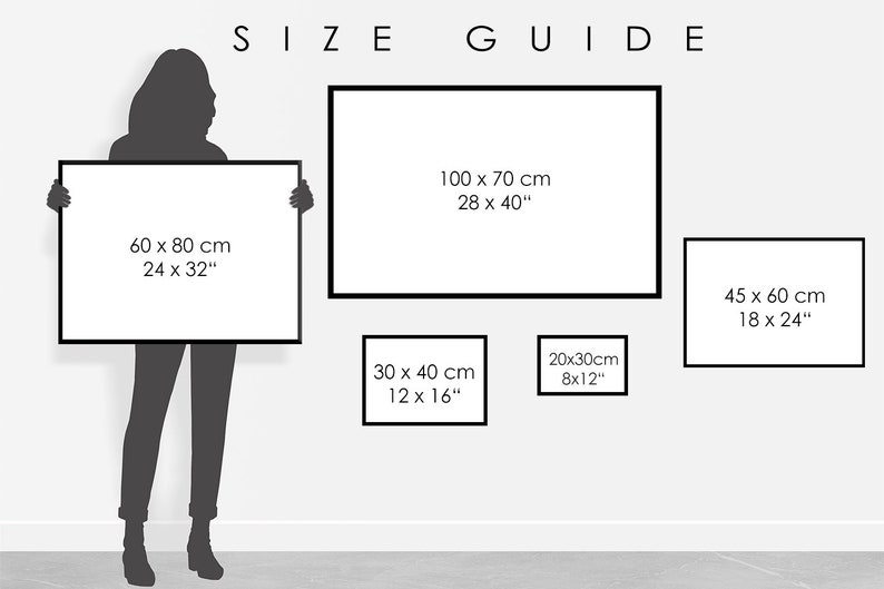 Op de afbeelding: Een maattabel met de tekst SIZE GUIDE en vijf rechthoekige kaders met de afmetingen: 60x80 cm (24x32 inch), 100x70 cm (28x40 inch), 45x60 cm (18x24 inch), 30x40 cm (12x16 inch) en 20x30 cm (8x12 inch) in centimeters en inches.
