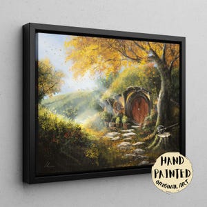 Auenland Herbst Kunst Druck Leinwand, Handgemaltes Ölbild Poster, Friedliche Landschaft Wandbild, Gemütliche Hütte Deko