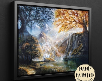 Kunstdruk Two Trees of Light: fantasielandschapsschilderij op canvas
