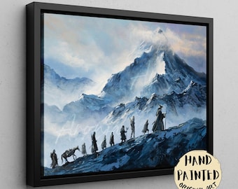 The Fellowship Snowy Mountain Pass Art Print - handgeschilderd fantasielandschap