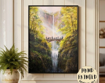 The Fellowship on the Bridge Fantasy Art Print – handgeschilderd fantasielandschap