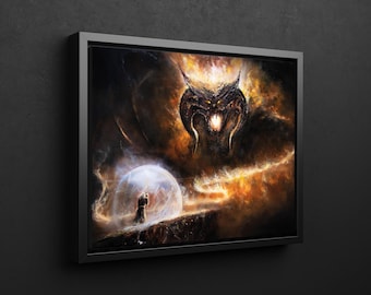 Wizard vs Fire Demon Art Print – Handgeschilderde donkere fantasie muurkunst