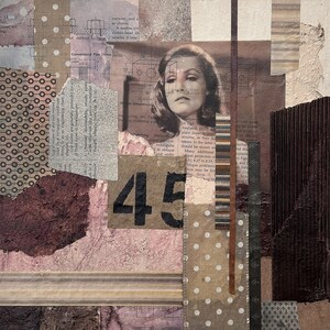 Relics 02 (Robot Wife) - original collage painting with Julie Newmar, pink tones & patterns.