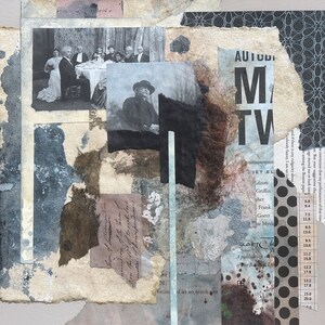 May include: A collage of paper scraps with a black and white photo of a group of people sitting at a table. The photo is surrounded by other paper scraps with text and patterns. The text includes "AUTODE" and "Mark Twain".