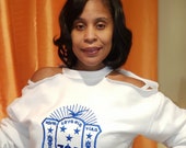 White Cold Shoulder Embroidered Sorority Shield Top