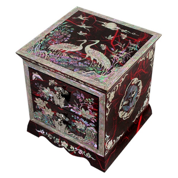 Korean traditional mother-of-pearl 2-drawer crane design jewelry box