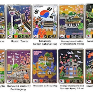 Set van 10 koelkastmagneten met beroemde toeristenbestemmingen in Korea