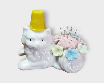 Pincushion Kitty W/Thimble and Pins ~Restored & Cleaned~