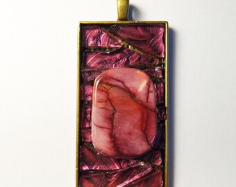 Mosaic Pendant Necklace - Maroon Stone and Van Gogh Glass