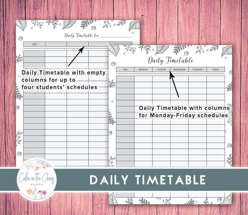 Pu&ograve; includere: Due fogli stampabili bianchi "Daily Timetable" con disegni di bordi floreali. Un foglio ha colonne per gli orari di un massimo di quattro studenti, l'altro per gli orari dal luned&igrave; al venerd&igrave;. Il testo "Daily Timetable" &egrave; nella parte superiore di ogni foglio.