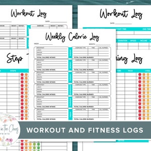 Paquete imprimible Fitness Planner - Registros de entrenamiento y salud - Seguimiento del ejercicio, calorías, carreras y pasos dados - Tamaños carta, A4 y A5