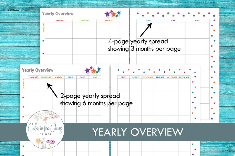 May include: Four printable pages of a yearly calendar overview with a colorful star border. The calendar is divided into months and has space for writing. The text "Yearly Overview" appears at the top of each page.