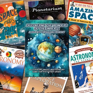 May include: A collection of ten colourful astronomy books with titles such as "Space Maps", "Discovering the Wonders of the Universe", "Amazing Space", and "Astronomy for Every Kid".