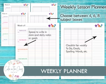 Homeschool Planner - Weekly Lesson Planner Pages for 4, 6, or 8 Subject Areas - Homeschool Student Planner - Weekly Planner Printable