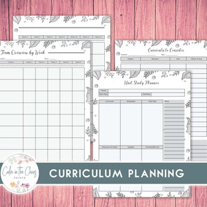 Pu&ograve; includere: Una raccolta di pagine di pianificazione del curriculum con un design a bordo floreale. Le pagine includono sezioni per panoramiche settimanali, pianificazione delle unit&agrave; di studio e considerazione dei curricula. Il testo "CURRICULUM PLANNING" &egrave; visualizzato in basso.