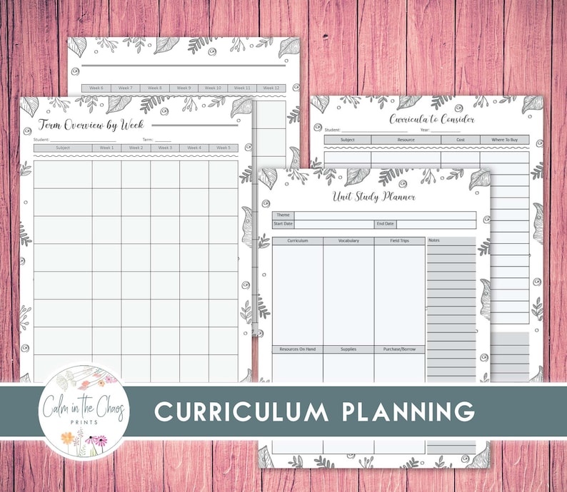 Pu&ograve; includere: Una raccolta di pagine di pianificazione del curriculum con un design a bordo floreale. Le pagine includono sezioni per panoramiche settimanali, pianificazione delle unit&agrave; di studio e considerazione dei curricula. Il testo "CURRICULUM PLANNING" &egrave; visualizzato in basso.